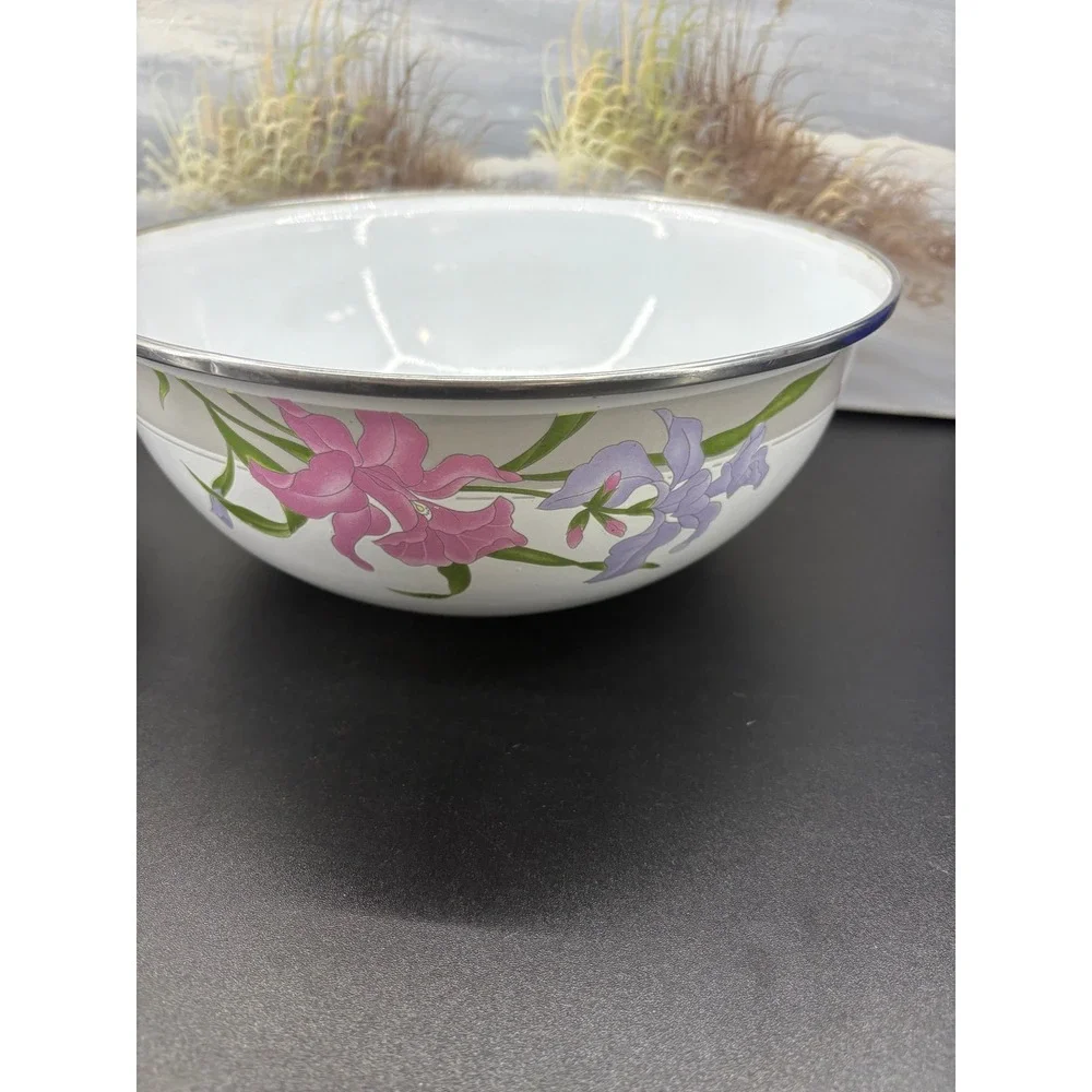 Vintage Enamel Floral Mixing Bowl Set White Pink Purple Iris Farmhouse 2pc